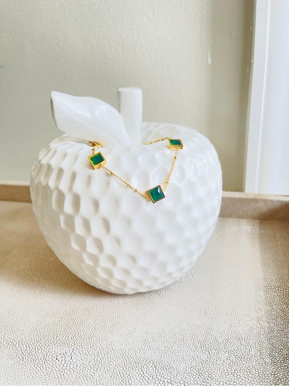 Gold Chain Bracelet with Emerald Green Square Stones - Women Jewelry